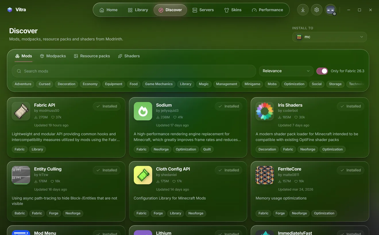Discover page with Modrinth search, category filters and mod cards.