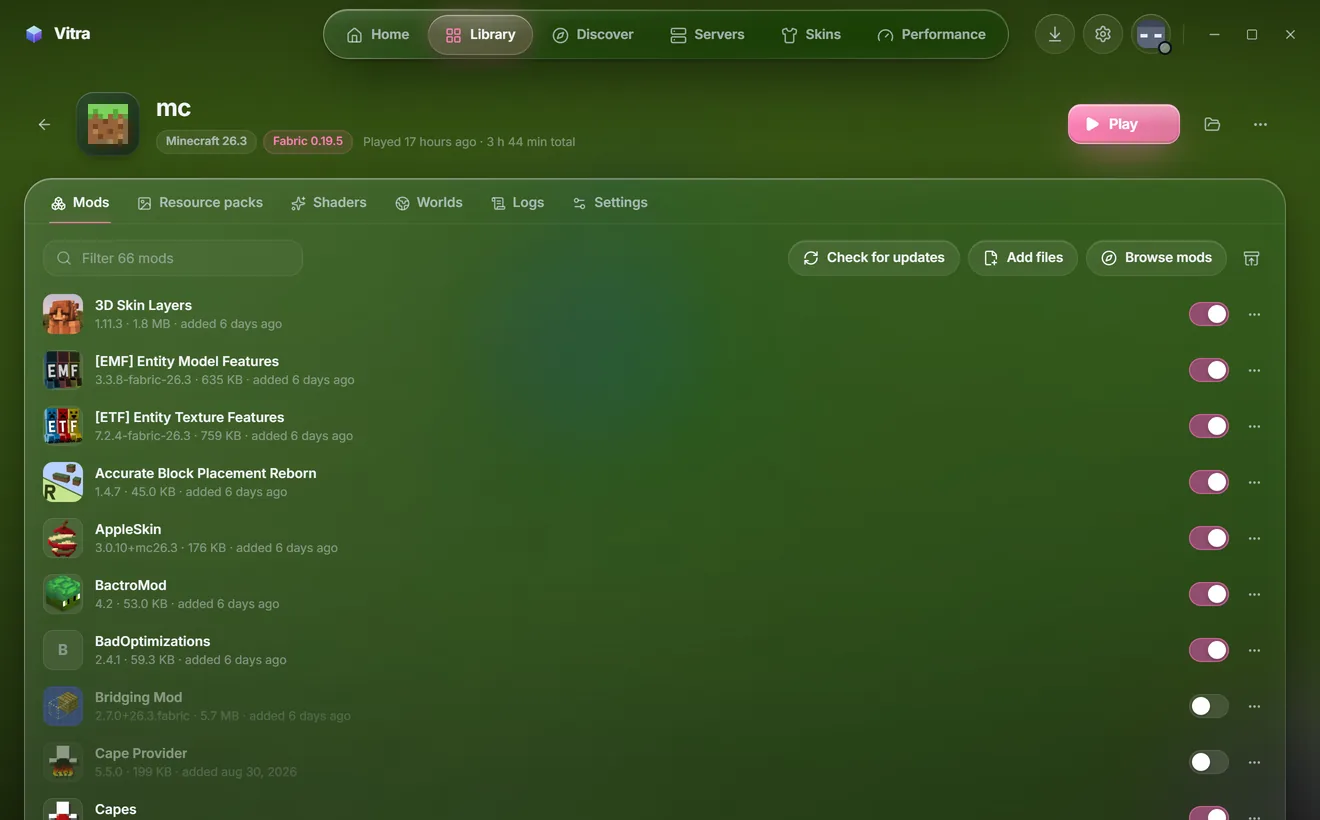 An instance page listing installed mods with icons, versions and on/off switches, plus tabs for resource packs, shaders, worlds, logs and settings.