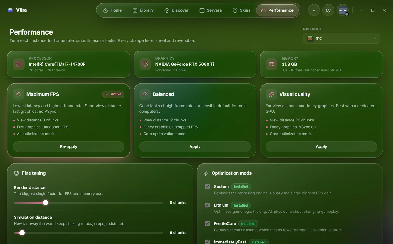 Performance page with hardware info, three presets and fine-tuning sliders.