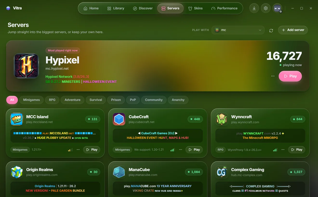 The Servers page: Hypixel featured with its live player count, followed by cards for MCC Island, CubeCraft, Wynncraft and more, each with players, ping and a Play button.