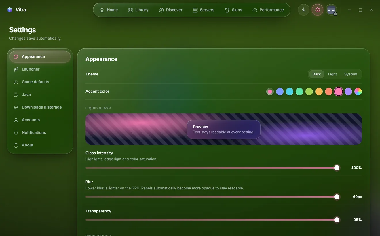 Appearance settings with theme, accent colors and liquid glass sliders.