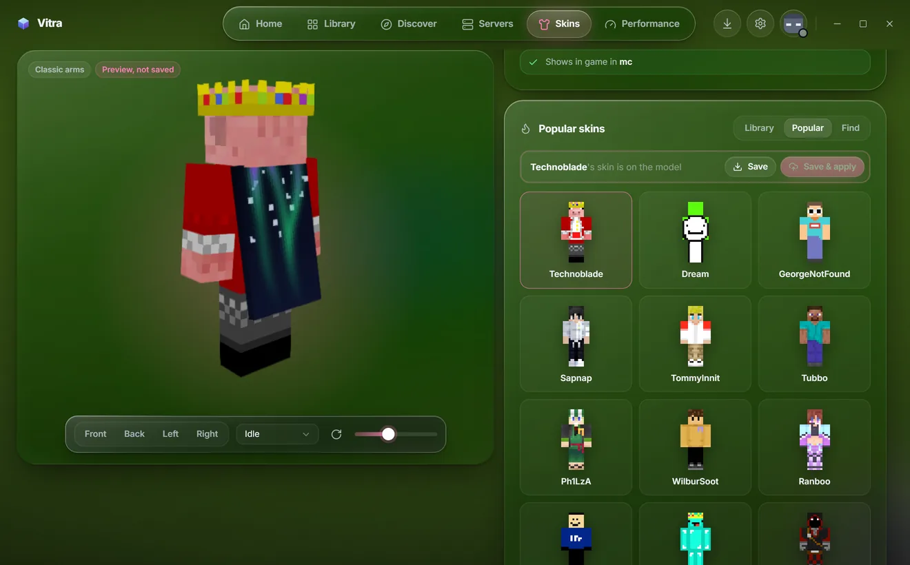 Skins page with Technoblade's skin and an animated Vitra cape on the 3D model, next to the Popular skins grid with Save and Save & apply buttons.